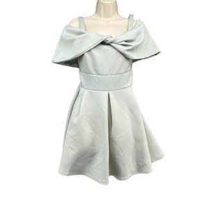 ASOS Bardot Skater Mini Dress Light Greyish Blue Bow Front Off The Shoulder Sz 8